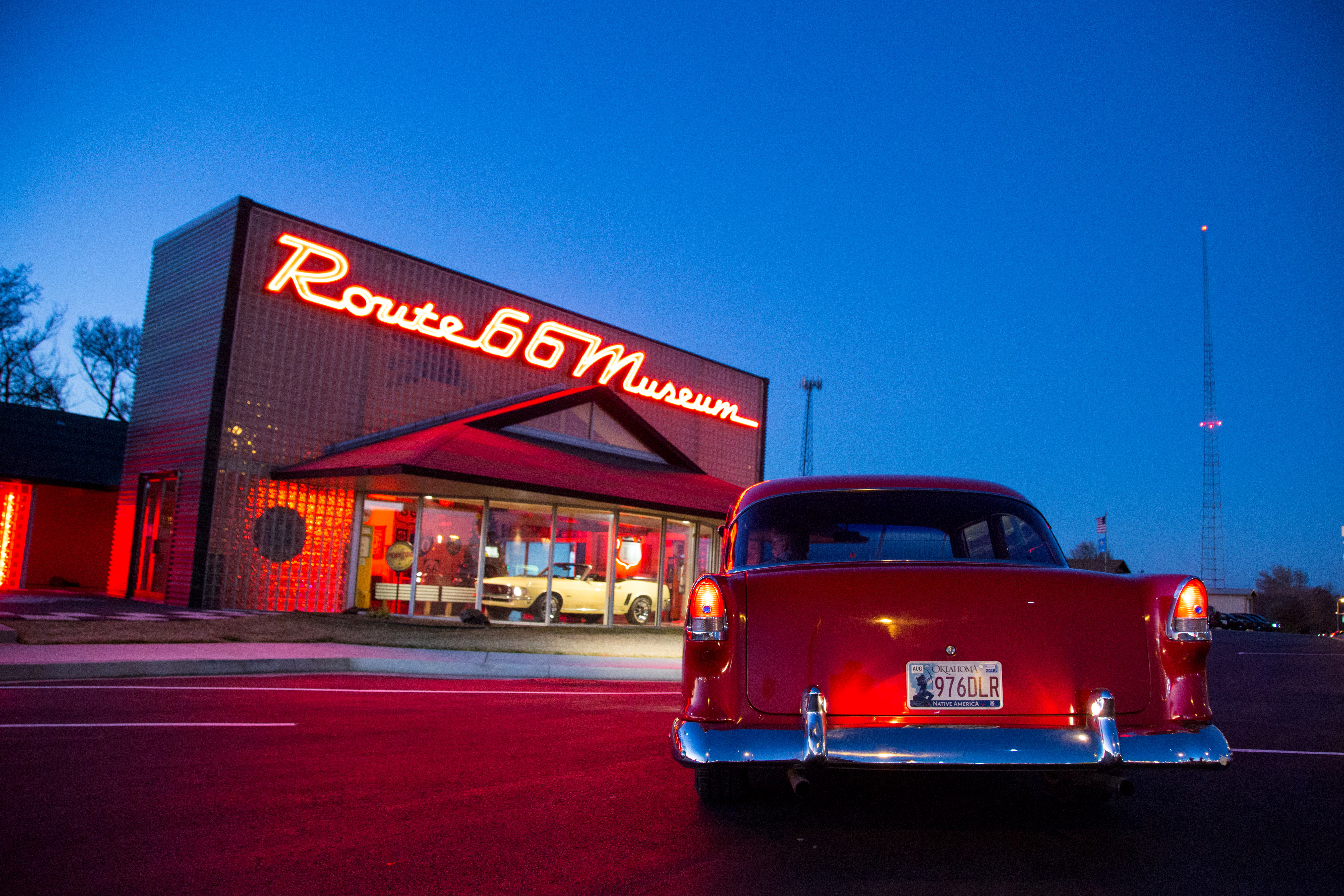 Exterior neon lights at the Oklahoma Route 66 Museum in Clinton, Oklahoma