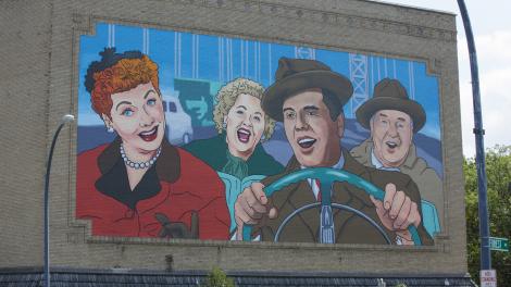 A mural celebrates Lucille Ball and Desi Arnaz near the museum that honors their work in Jamestown, New York