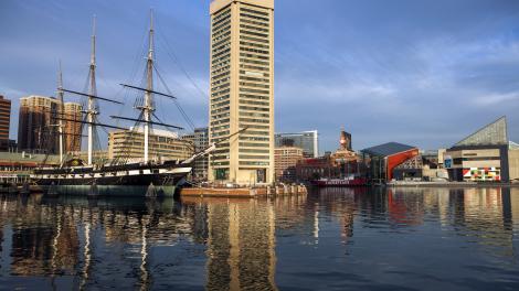 The USS Constellation, World Trade Center Institute and National Aquarium in Baltimore's Inner Harbor