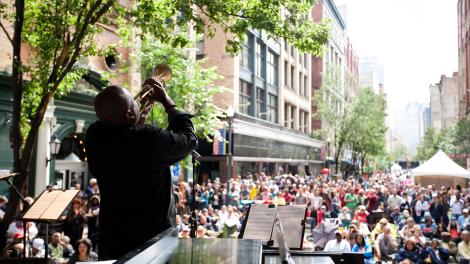 A jazz musician playing at the Pittsburgh International Jazz Festival in Pennsylvania