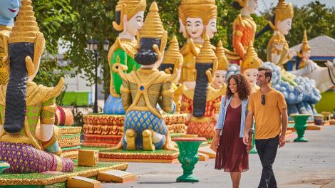 Strolling the grounds of the Wat Dhammararam Cambodian Buddhist Temple, which features more than 90 hand-carved statues