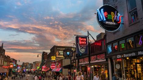 Bustling Beale Street in the evening