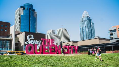 The Queen City Sign welcomes visitors to a city bursting with music