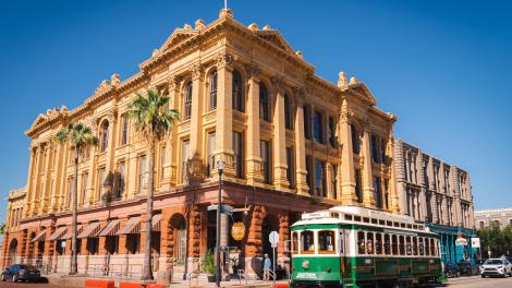 The Galveston Trolley makes a stop in historic downtown