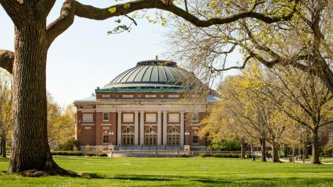 The striking classical architecture of Foellinger Auditorium on the campus of University of Illinois Urbana-Champaign in Champaign, Illinois
