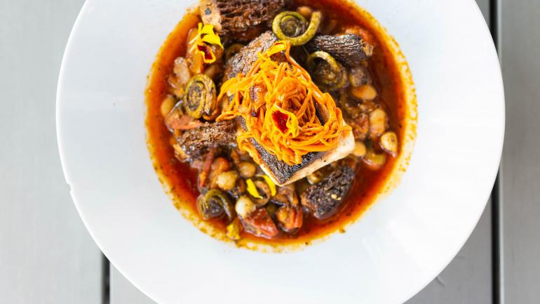 Pan-seared cobia with white bean puttanesca from Brick & Mortar