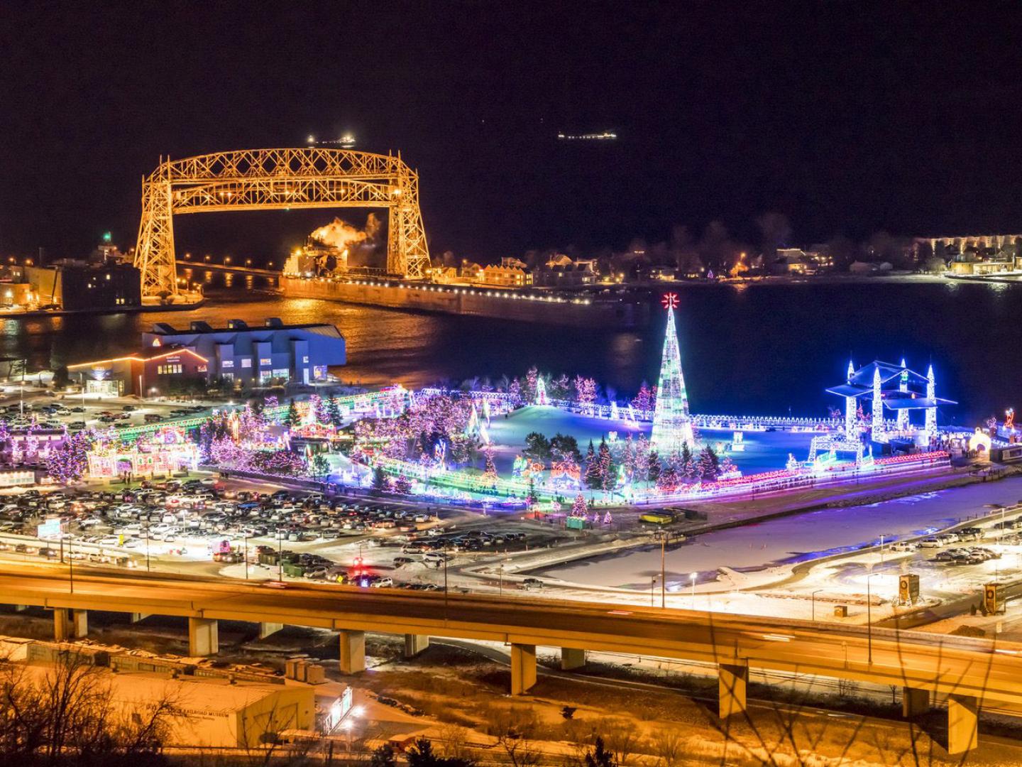 Aerial view of the Bentleyville holiday tour of lights in Duluth, Minnesota