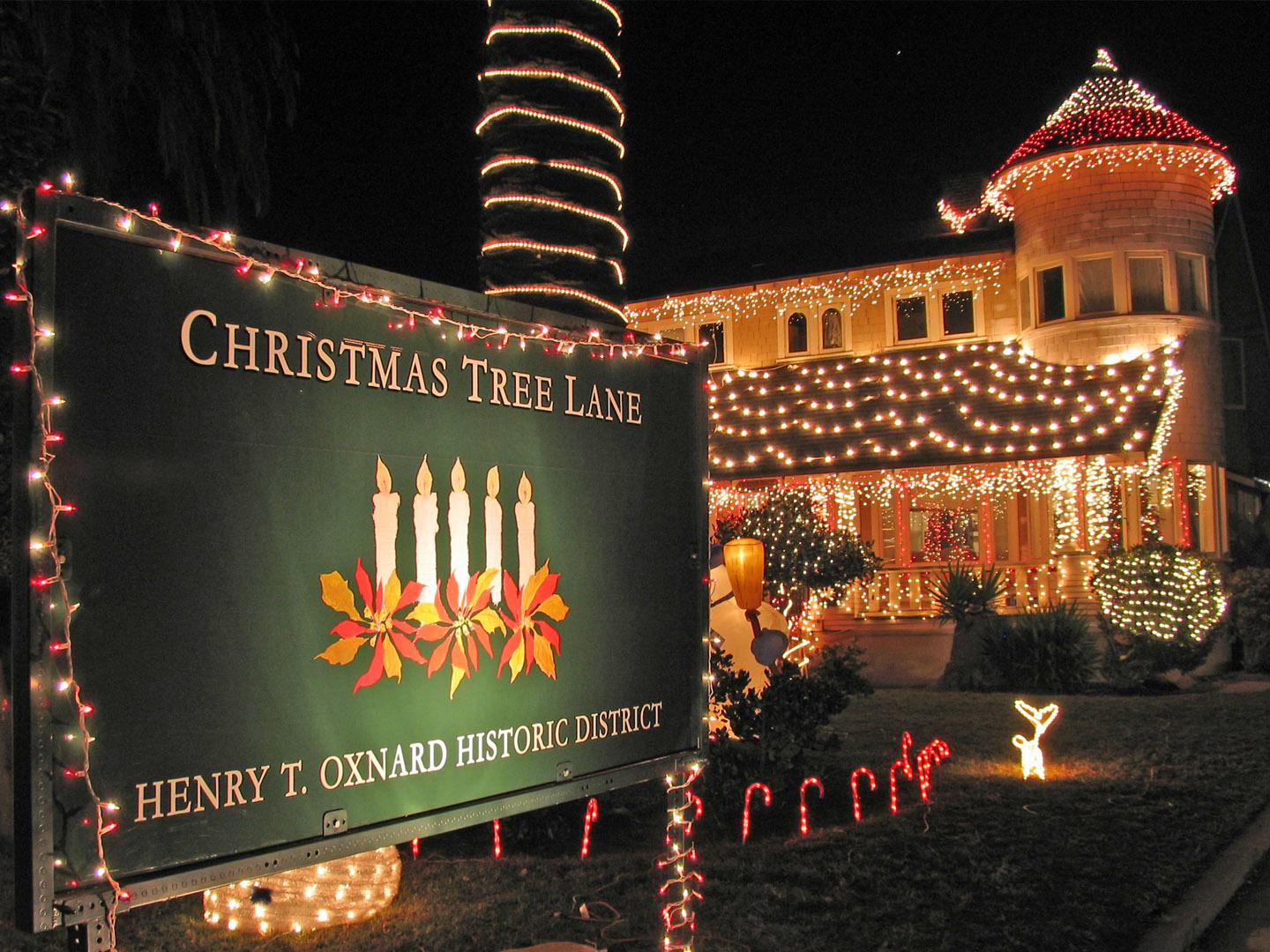 Holiday décor in Oxnard’s historic district during the Christmas Tree Lane