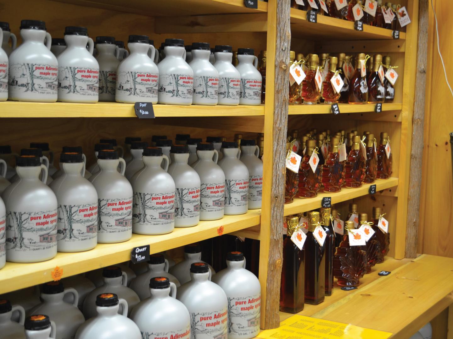 Maple syrup for sale during Thurman Maple Days festival near Lake George, New York