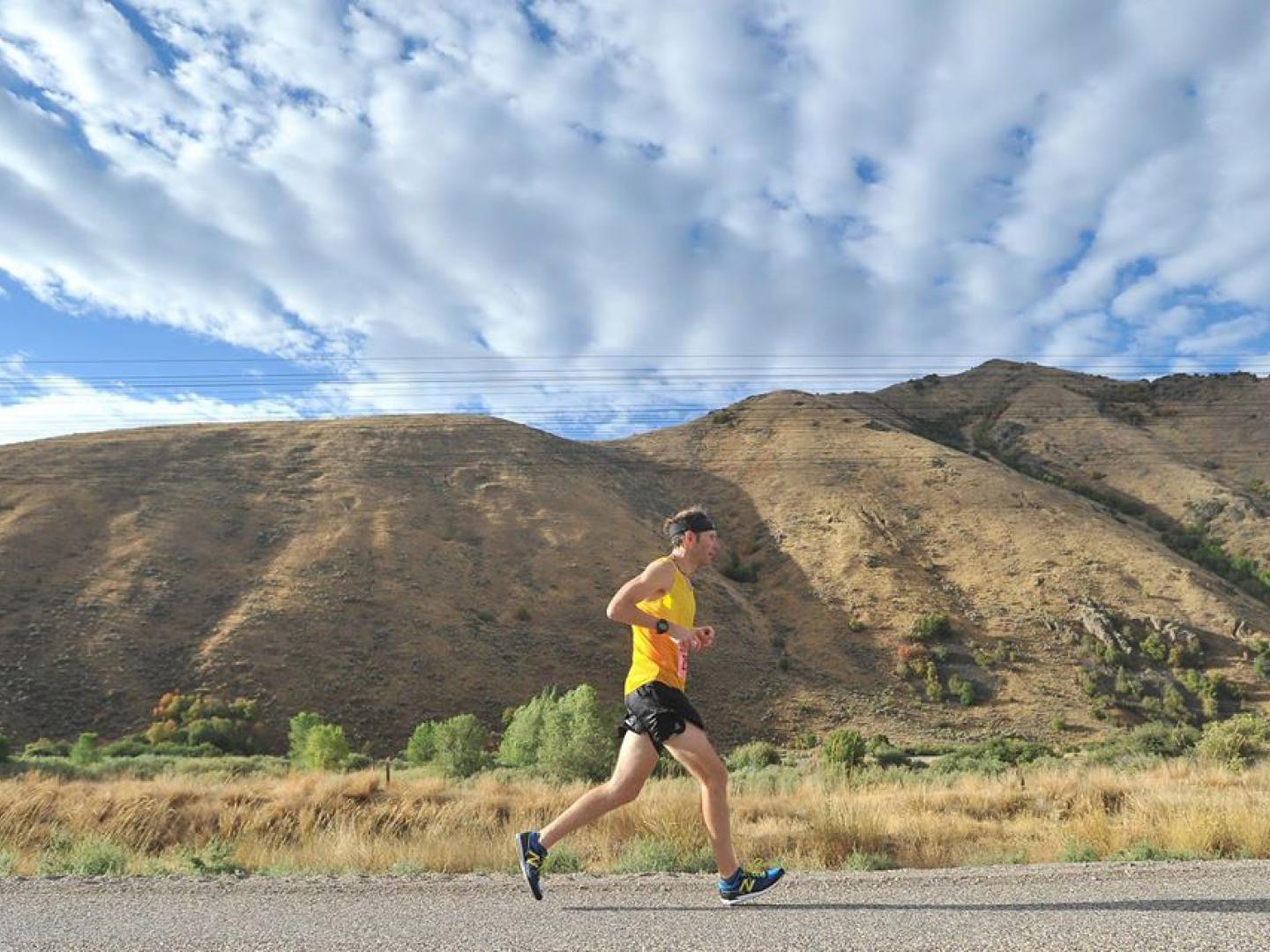 A runner competing in the Pocatello Marathon in Idaho