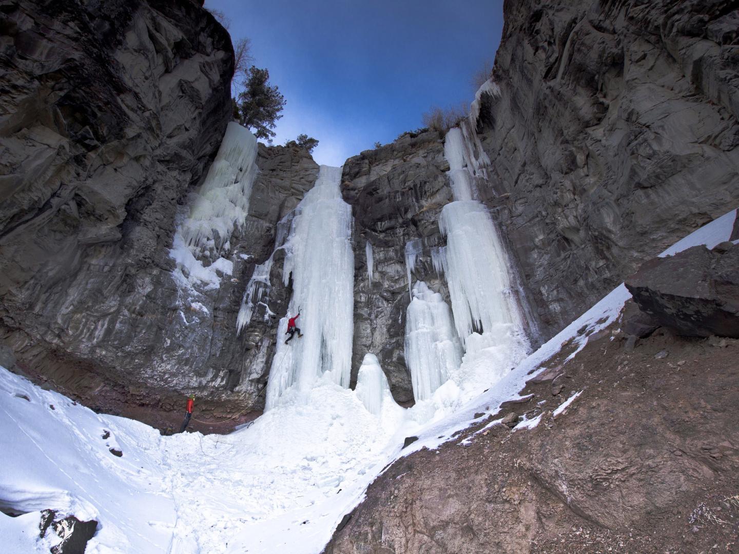 Climbing a wall of ice near Cody, Wyoming