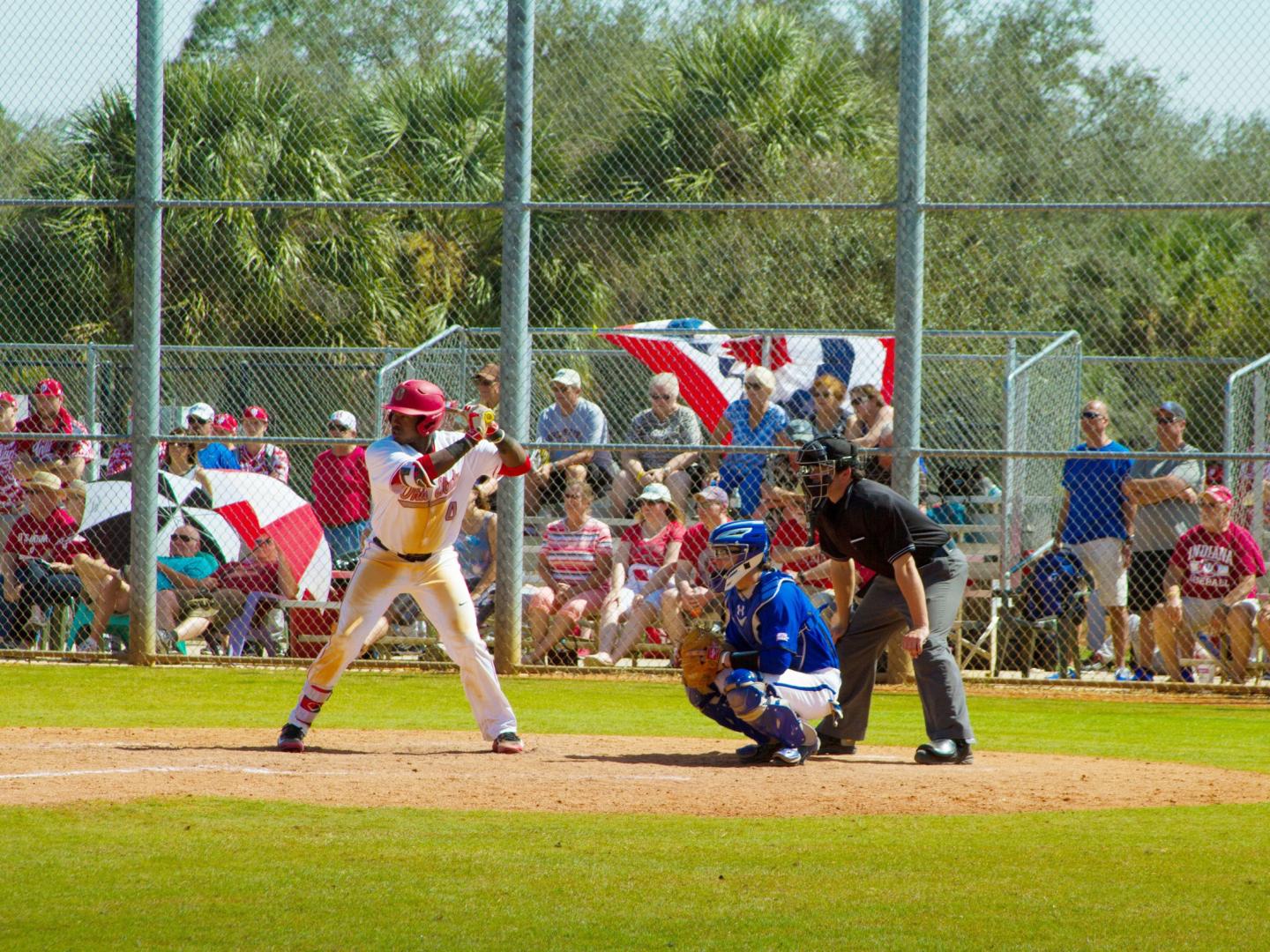 A batter stances up at home plate during the Snowbird Baseball Classic in Port Charlotte, Florida