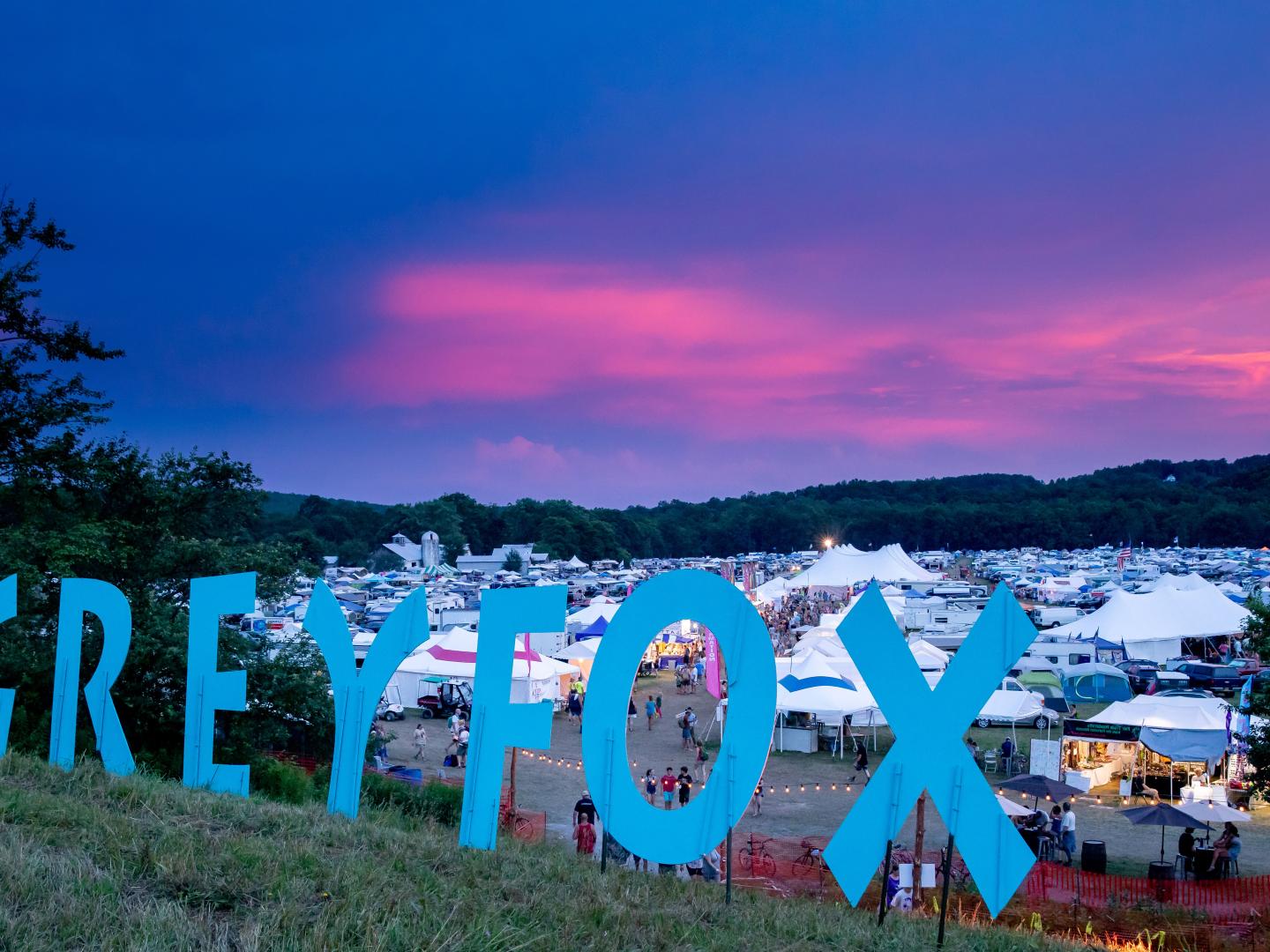 Sunset scene at the Grey Fox Bluegrass Festival in Oak Hill, New York