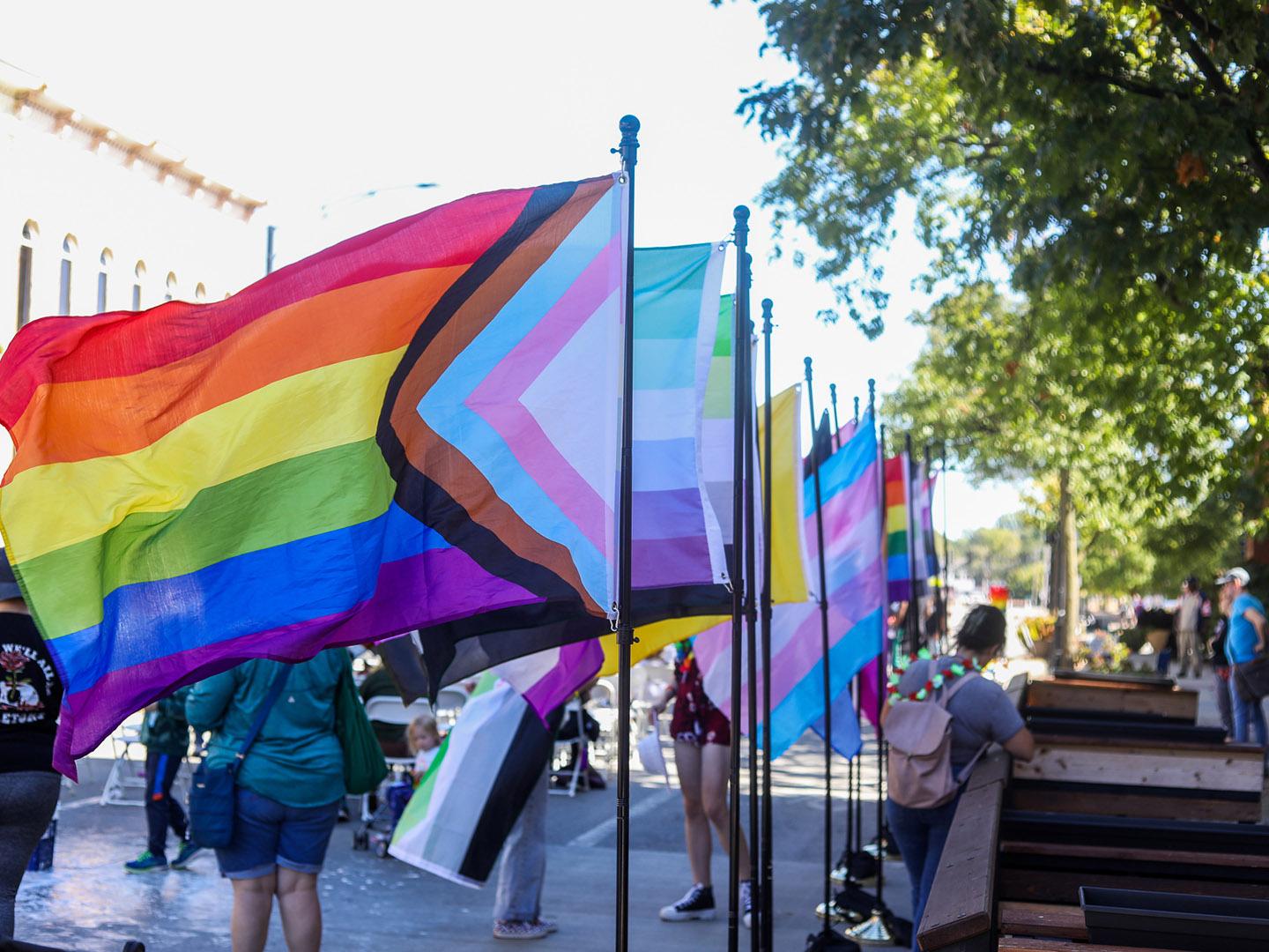 Regenbogenfahnen beim CU Pride Festival in der Innenstadt von Urbana, Illinois