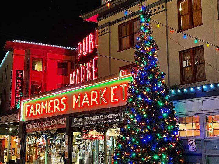 Holiday decorations at Pike Place Market in Seattle, Washington