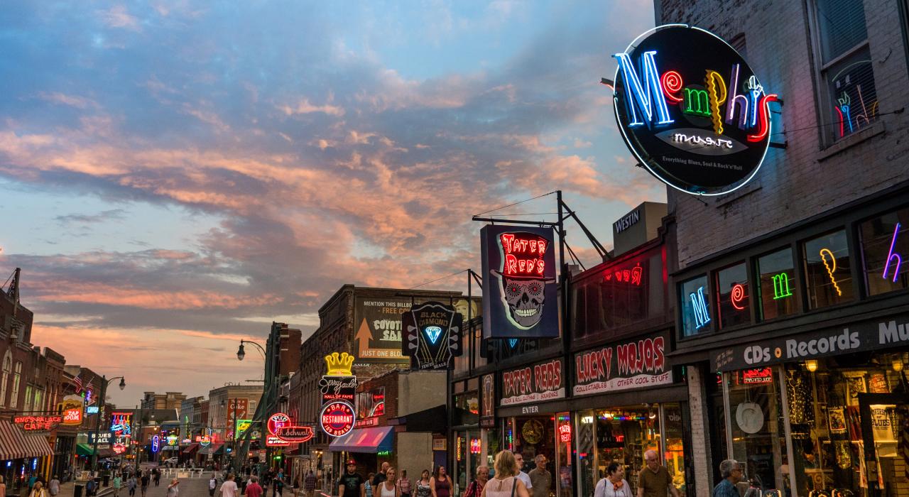 Bustling Beale Street in the Evening