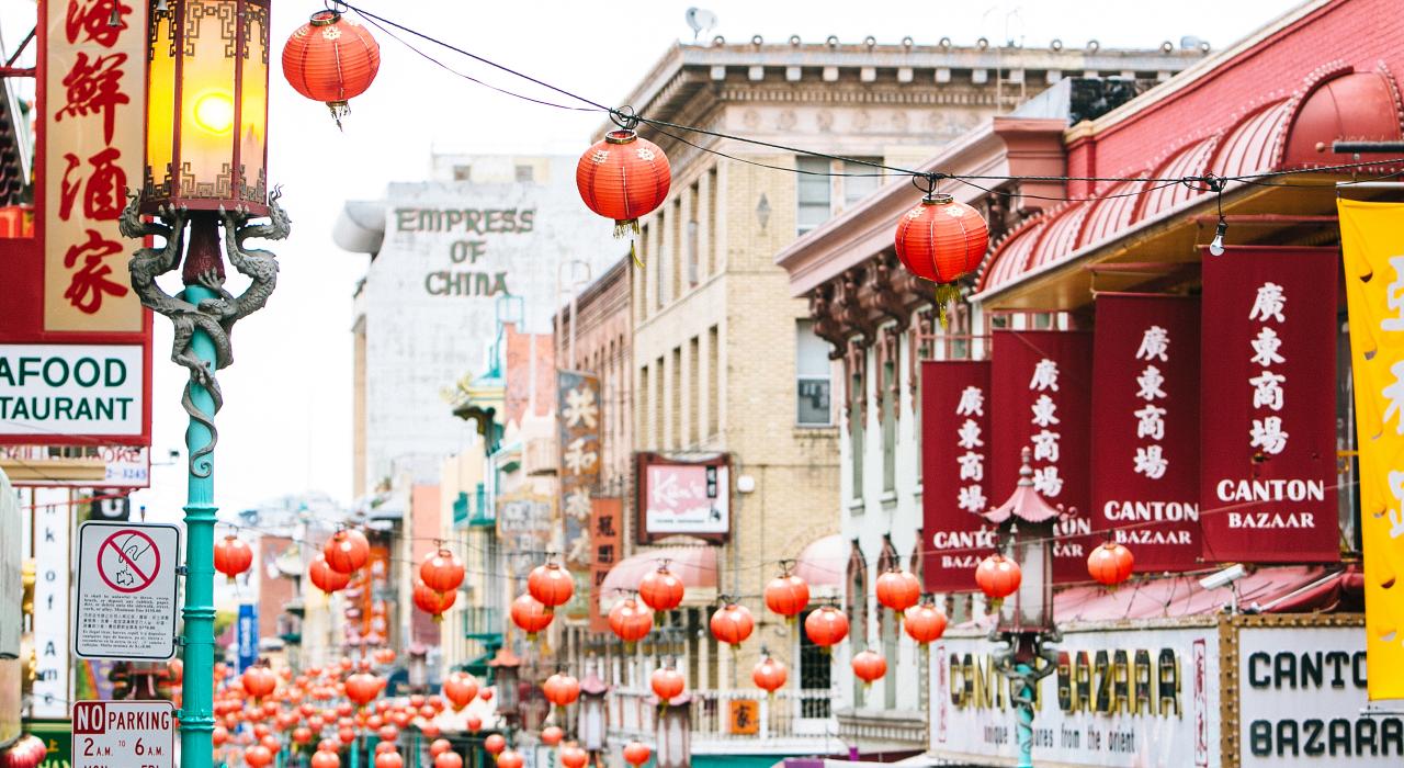 Colorful lanterns and storefronts in Chinatown