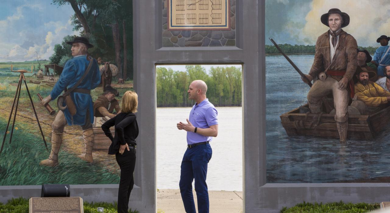 Learning about the murals on the floodwall in Paducah, Kentucky, overlooking the Ohio River