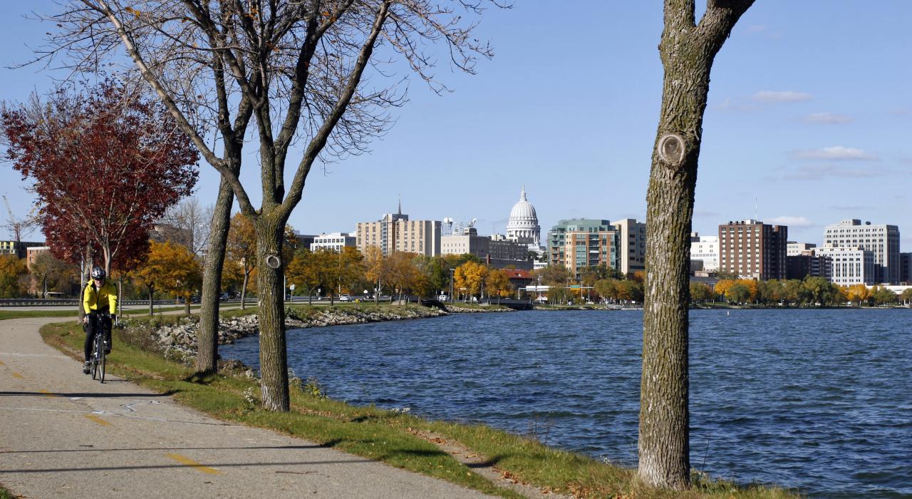 Bicycling along the lakefront at a park downtown