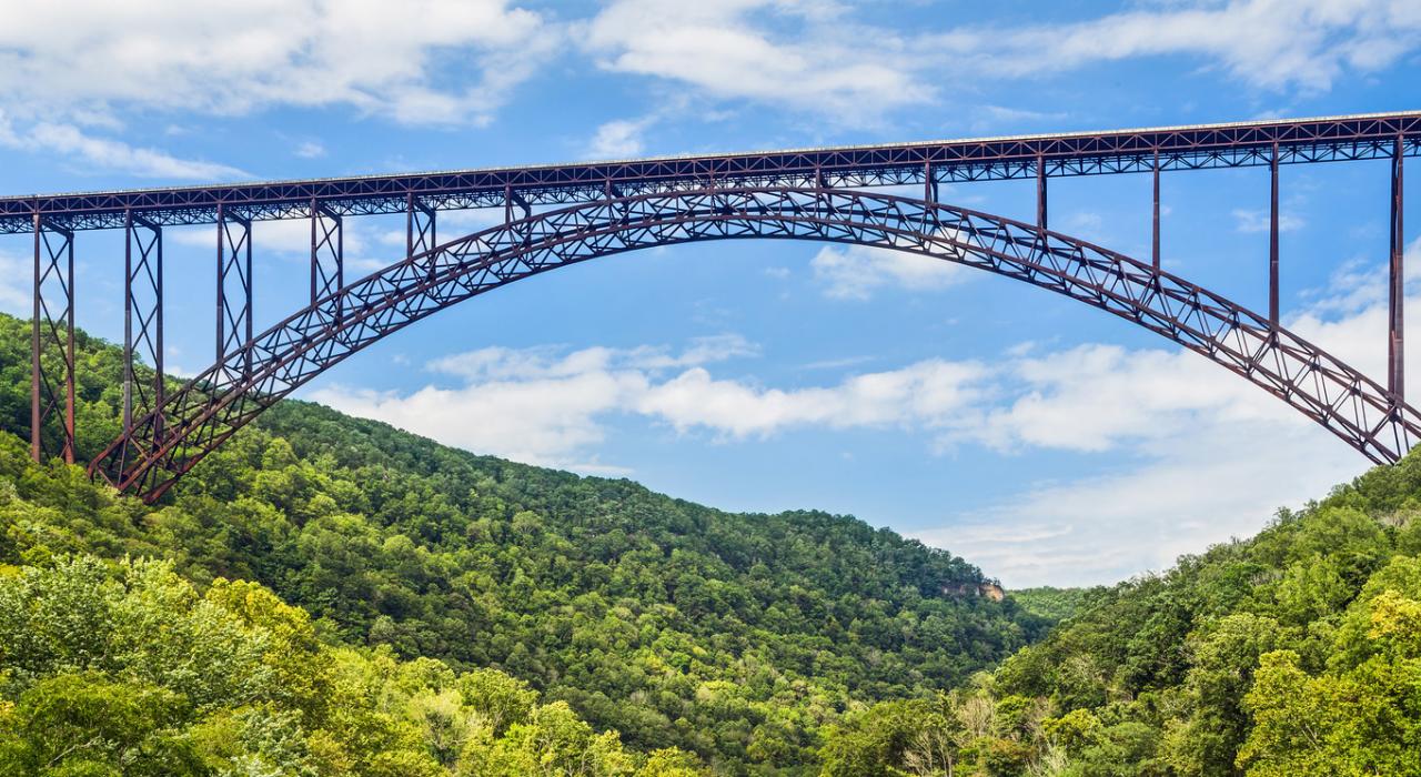 Looking up at the New River Gorge Bridge in West Virginia