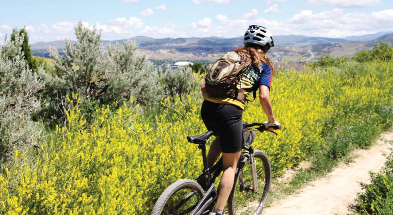 Cycliste sur le City Creek Bike Trail surplombant Pocatello, Idaho