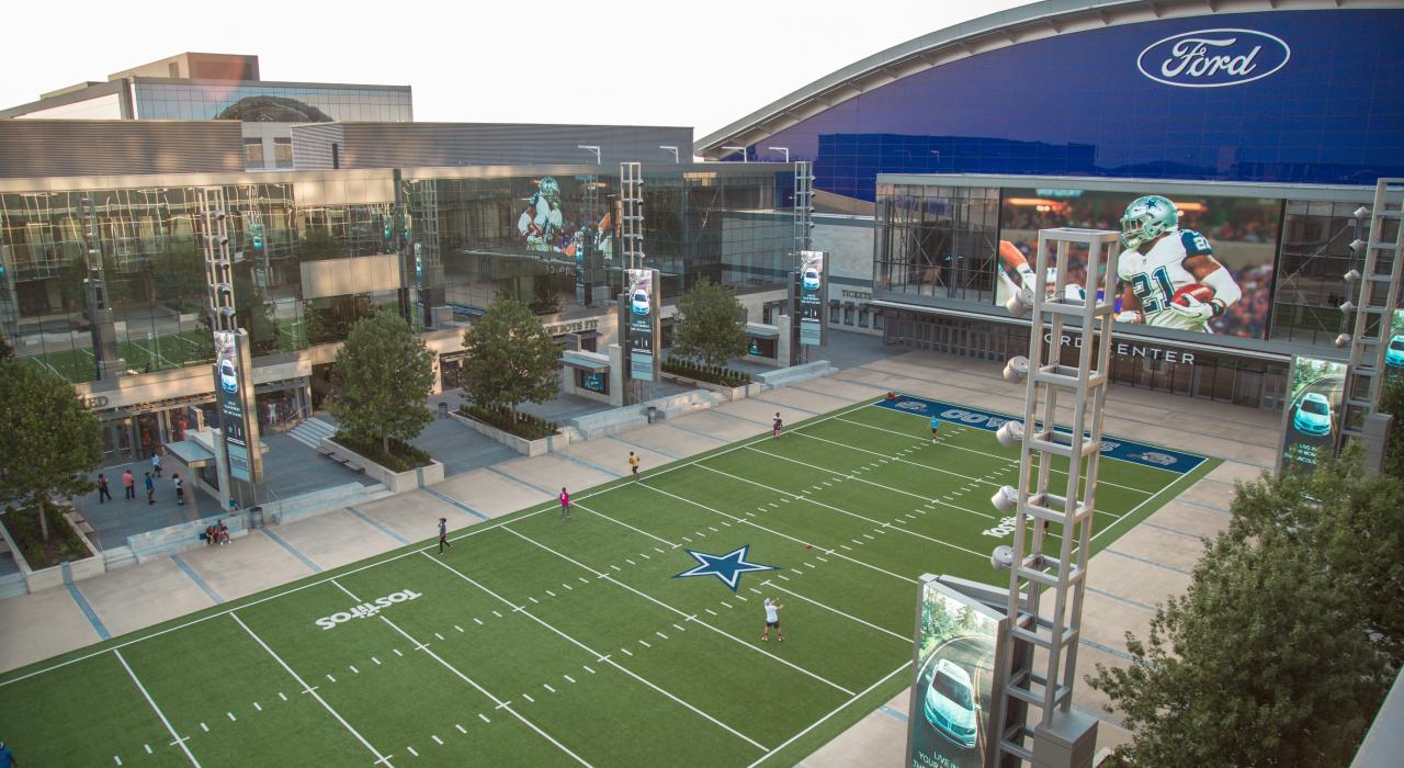 A view of Tostitos Championship Plaza from the Omni Frisco Hotel at The Star
