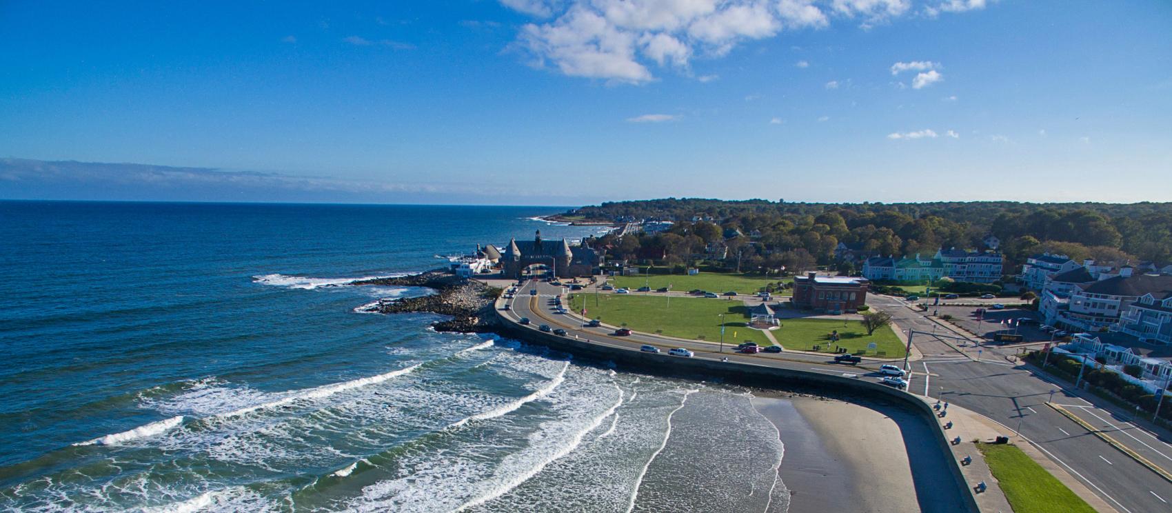 Aerial view of Narragansett Town Beach and the surrounding community